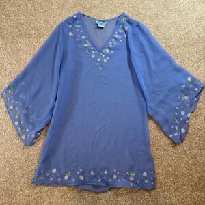 Sheer Embroidered Cover Up Periwinkle Blue Tunic Top Beach Pool Resort XS